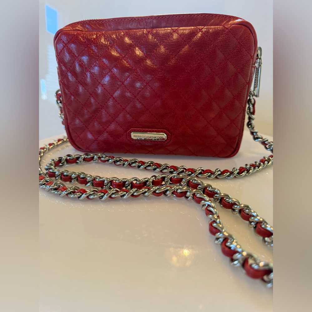 Rebecca Minkoff Quilted Red Leather Crossbody with Silver Chain Strap